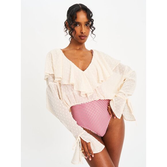 Magali Beige Dotted Mesh Ruffle Top - Picture 10 of 12